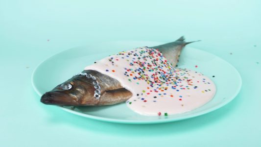 Image: fish on a plate, covered in white sauce topped with confetti