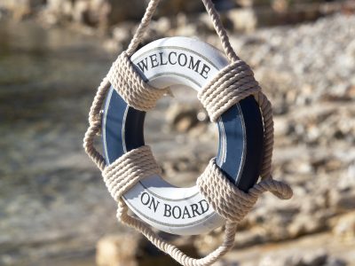 Image: 'Welcome on board' sign made from nautical lifebuoy