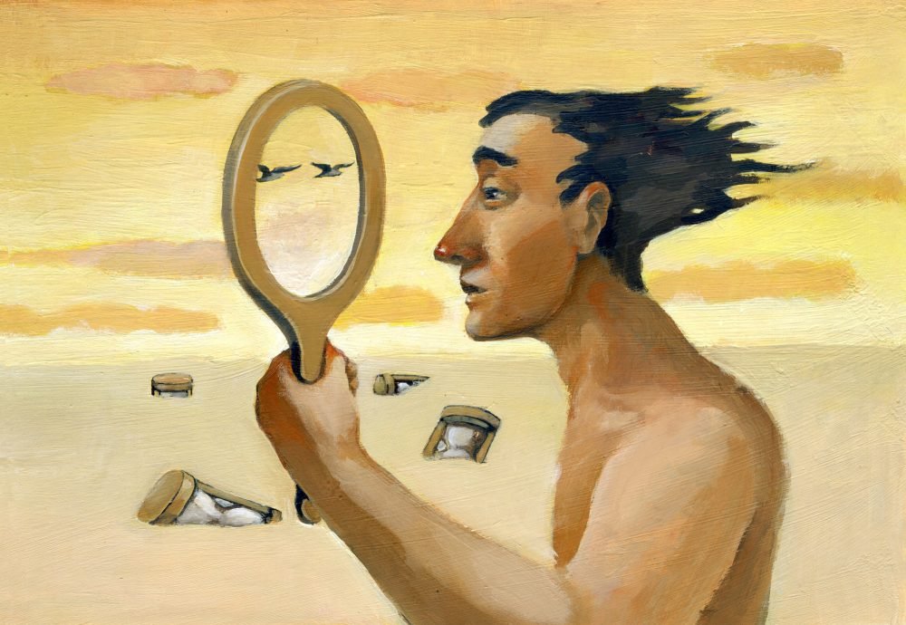 Image: illustration of a man staring into a hand mirror, ignoring the passage of time