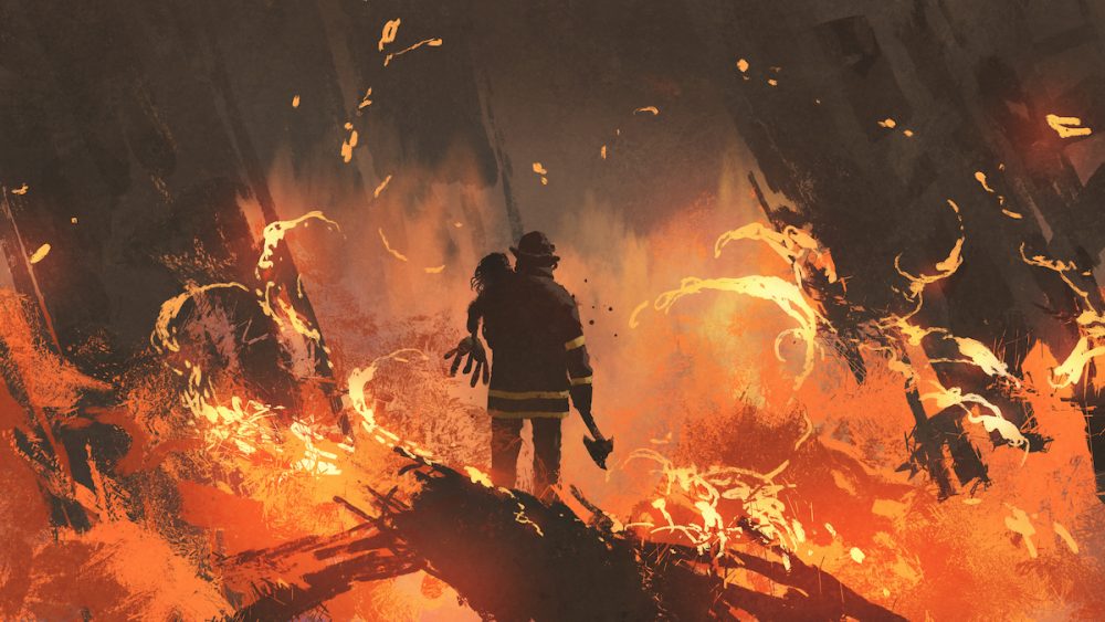 Image: painting of a firefighter rescuing a child amid an inferno