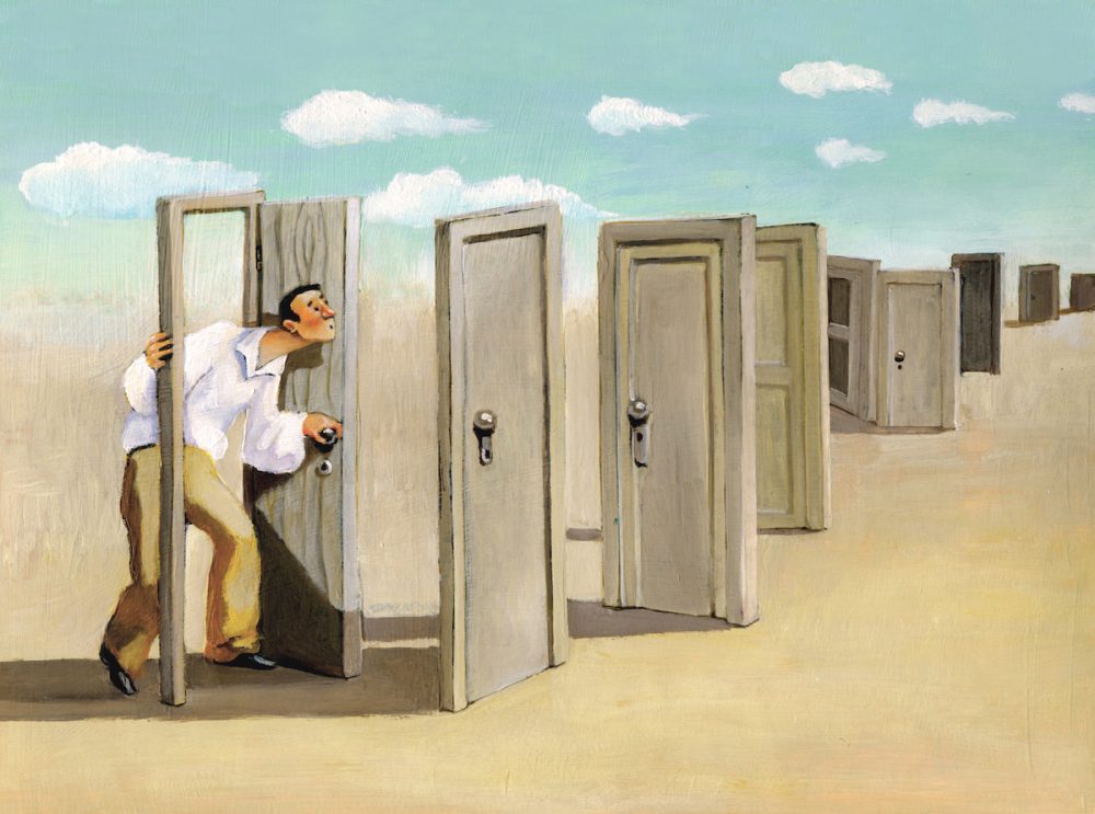 Image: illustration of a man preparing to walk through an endless series of doors