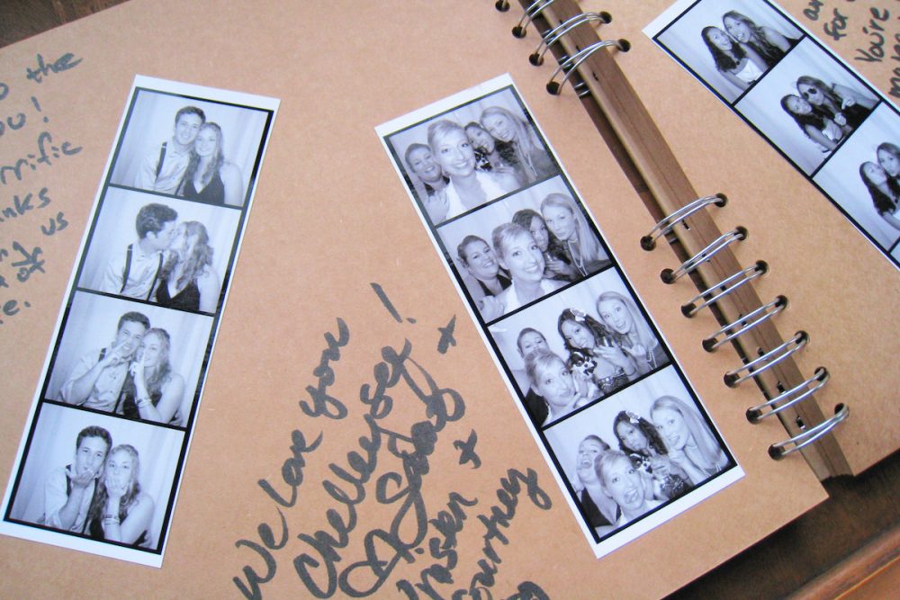 Image: scrapbook pages from a wedding, with photo booth snapshots and handwritten messages from guests