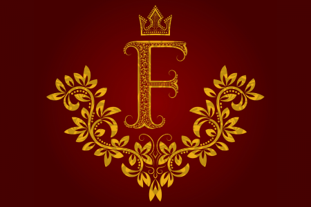 Image: Regal illustration of the letter F, rendered in gold on a red background