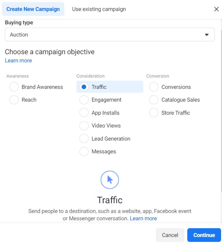 Facebook dialog box for new ad campaign, showing choices for campaign objective.