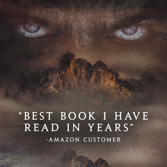 Imagery from the book cover, with the words "Best book I have read in years, says Amazon Customer" superimposed.