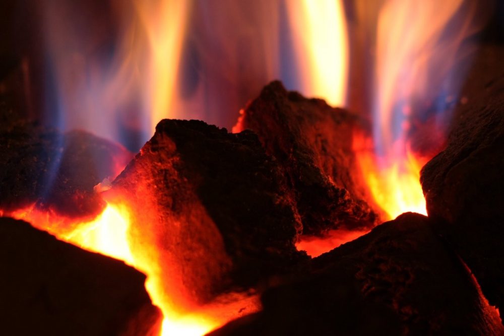 Image: close-up photo of flames rising from burning logs