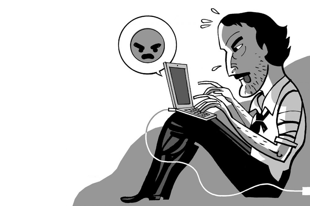 Illustration of Edgar Allan Poe sending an angry face emoji on a laptop computer.