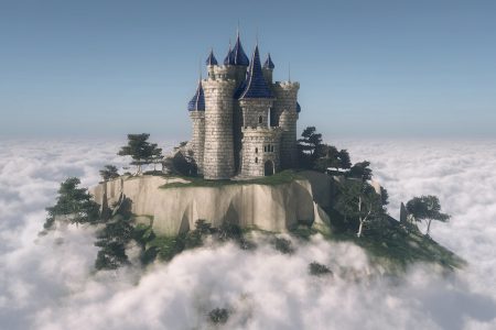 Image: a castle on a mountaintop above the cloud line.