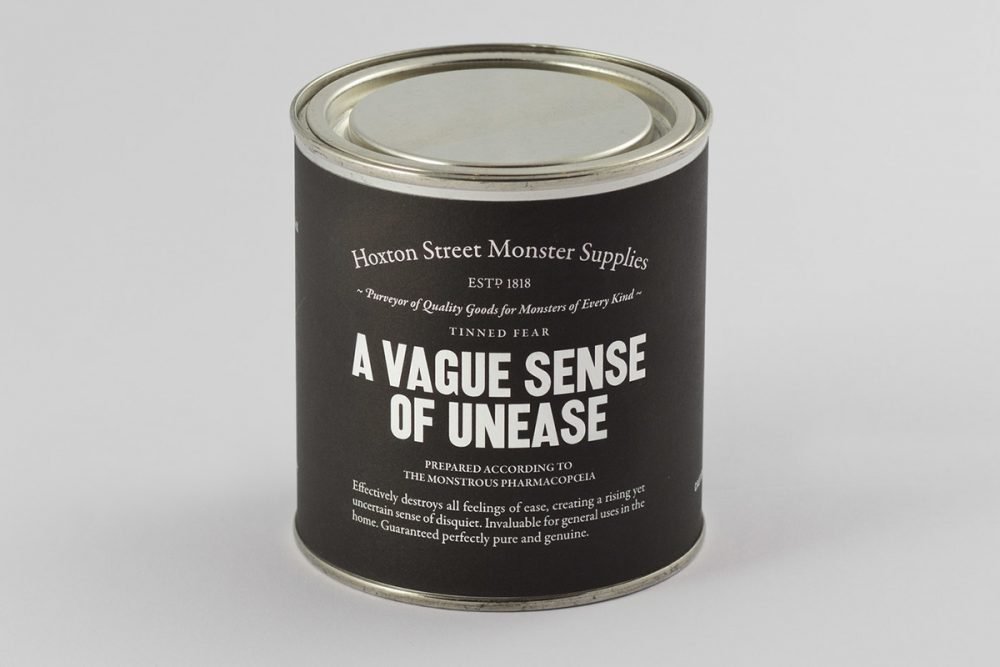 Image: sealed can labeled "A Vague Sense of Unease"