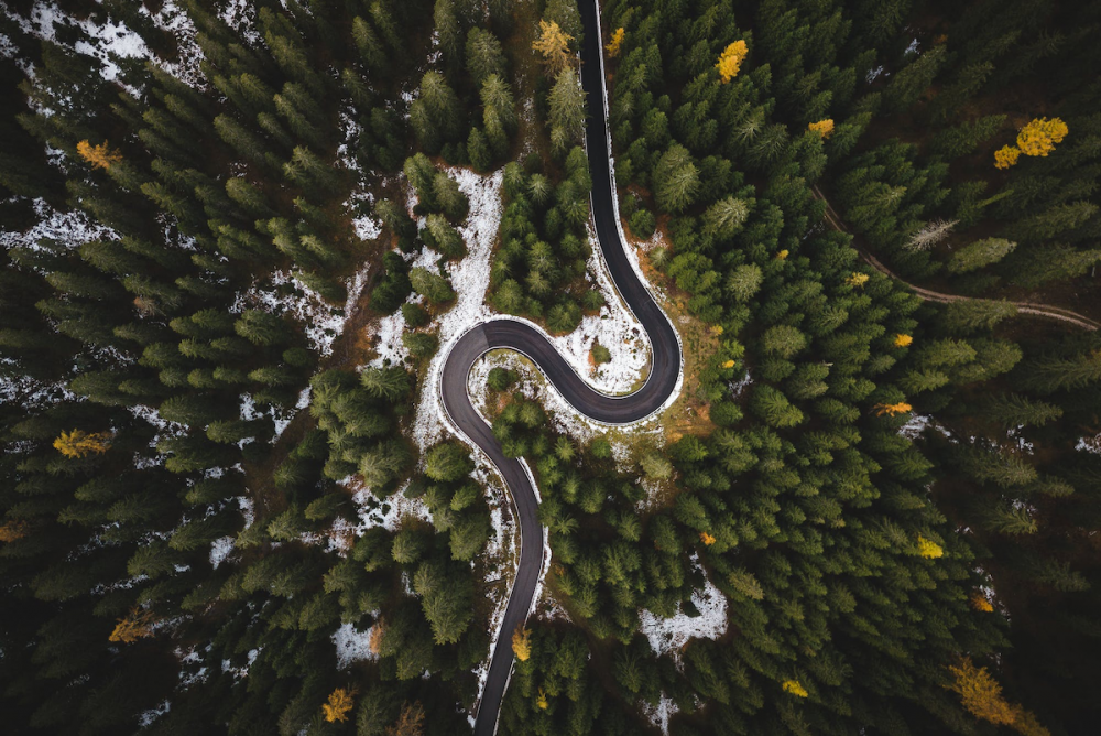 Image: aerial view of two hairpin turns in a road through the forest.