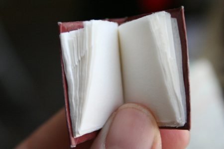 Image: a miniature blank book held open by a thumb.