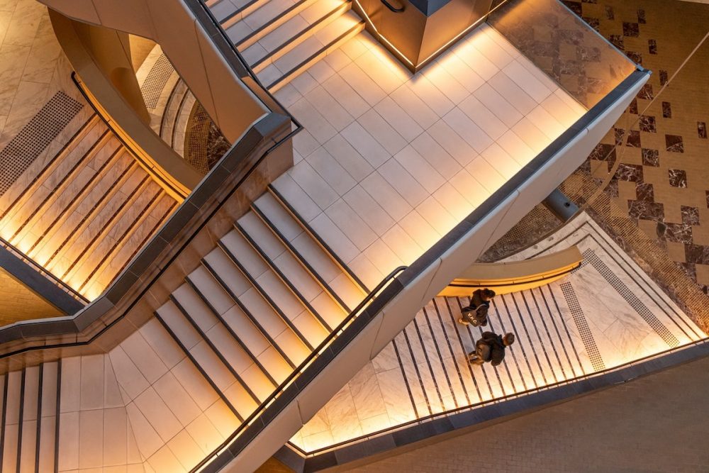 Image: a complex stairway with unexpected angles, seen from above.
