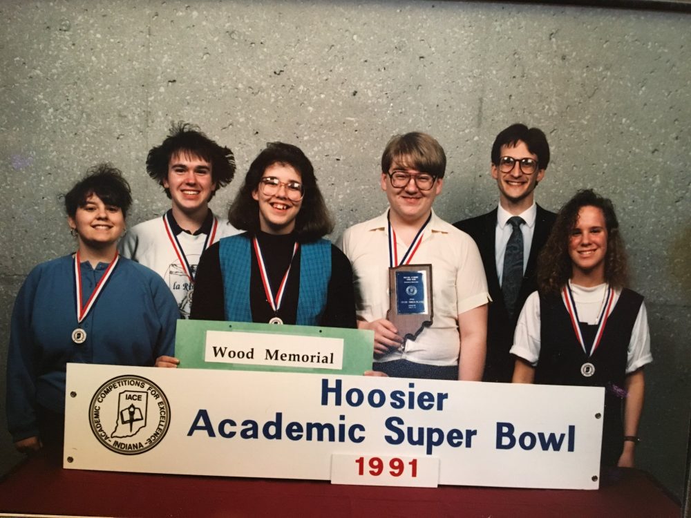 Jane Friedman and the team representing Wood Memorial High School at the Hoosier Academic Super Bowl in 1991.