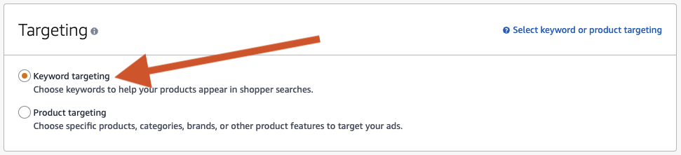 Image: Under the Targeting heading, an arrow points to the Keyword Targeting selection.
