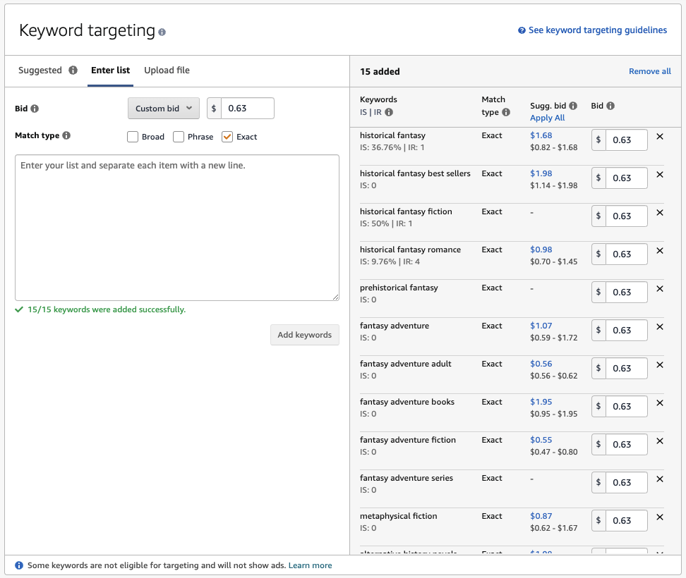 Image: Under the Keyword Targeting heading, keywords have been added. Also displayed are the match type, suggested bid, and bid amount for each keyword.