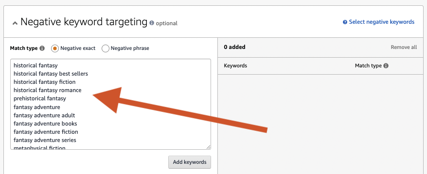 Image: Under the optional Negative Keyword Targeting heading, an arrow points to the keywords entered into the field.