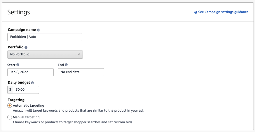 Image: screenshot of the Settings section of the Create Campaign window. Fields are Campaign Name, Portfolio, Start and End dates, Daily Budget, and Targeting.