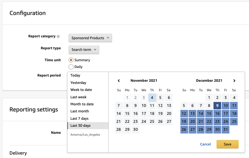 Image: The Report Period interface, showing the ability to choose dates on a calendar, or from pre-existing choices including Today, Yesterday, Week to Date, Last Week, Month to Date, Last Month, Last 7 Days, and Last 30 Days.
