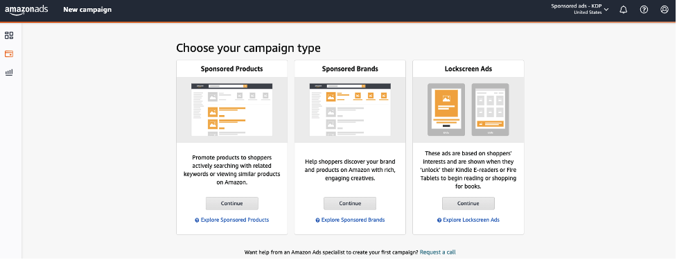 Image: screenshot of Amazon Ads New Campaign dashboard