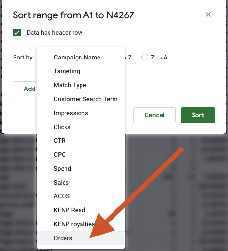 Image: Screenshot of the Google Sheets' Advanced Range Sorting Options dialog. Under the Sort By heading, an arrow points to the option labeled Orders.