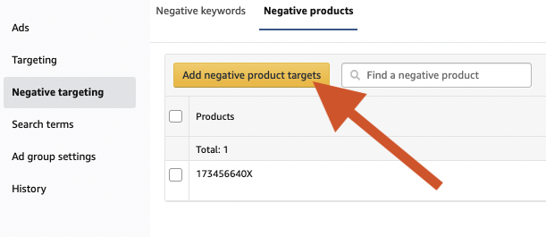 Image: screenshot of the Negative Products screen. An arrow points to the yellow Add Negative Product Targets button.