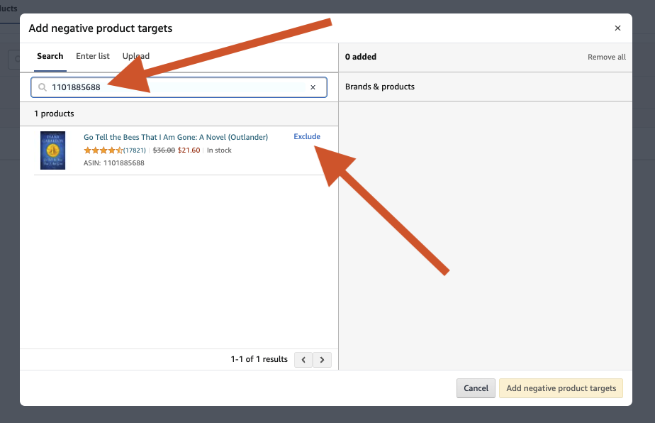 Image: screenshot of the Add Negative Product Targets dialog box. Arrows point to the search field where an ASIN has been entered, and to the option labeled Exclude next to the book in the search results.