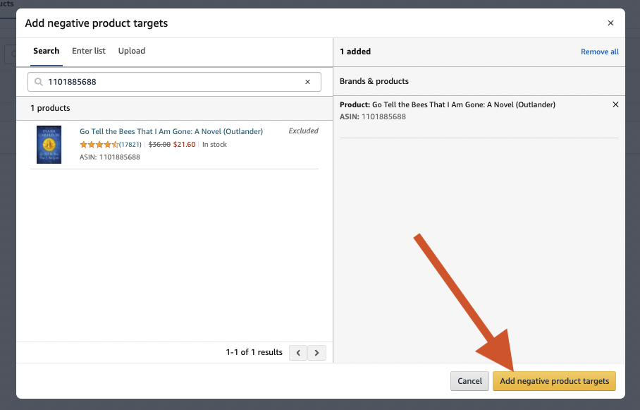 Image: screenshot of the Add Negative Product Targets dialog box. An arrow points to the yellow Add Negative Product Targets button.