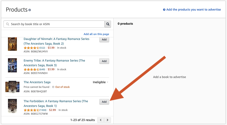 Image: screenshot of the Products section of the Campaign Builder, where products can be searched for and added. An arrow points to the Add button next to a specific book.