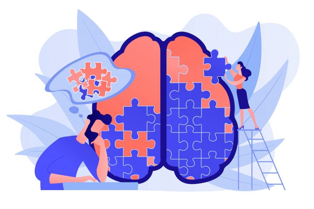 Image: cartoon illustrating halves of the brain. Left brain is represented by a man struggling with a jumble of jigsaw puzzle pieces, and right brain is represented by a woman assembling puzzle pieces in an orderly fashion.