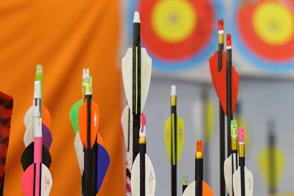 Image: dozens of arrows with different styles of colorful fletching stand vertically, in front of archery targets.