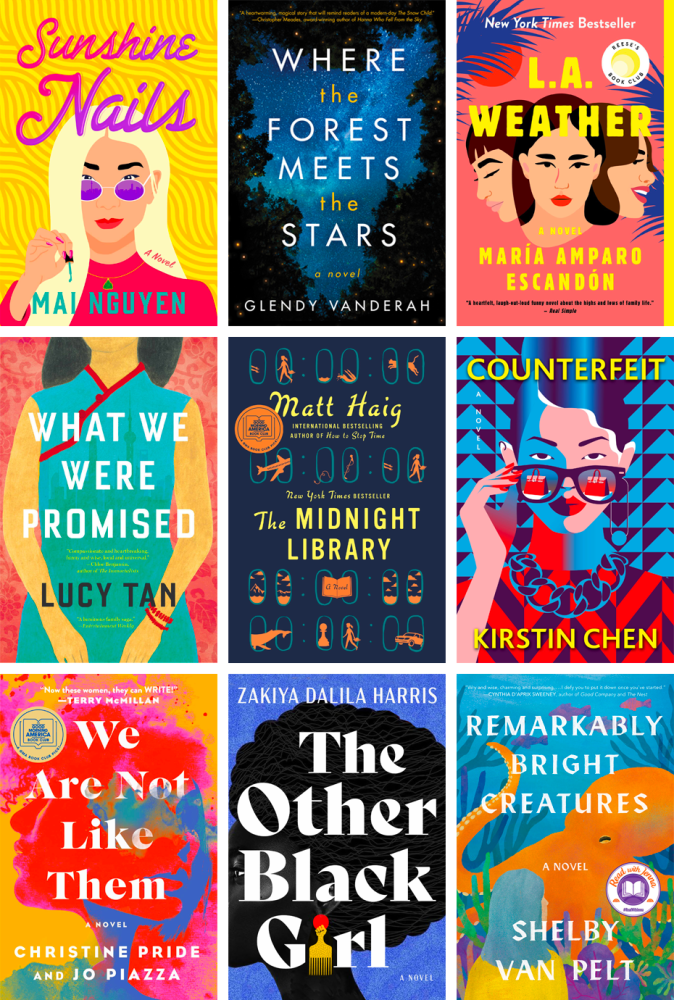 A collage of the following book covers: Sunshine Nails by Mai Nguyen; Where the Forest Meets the Stars by Glendy Vanderah; L.A. Weather by Maria Amparo Escandon; What We Were Promised by Lucy Tan; The Midnight Library by Matt Haig; Counterfeit by Kirstin Chen; We Are Not Like Them by Christine Pride and Jo Piazza; The Other Black Girl by Zakiya Dalila Harris; Remarkably Bright Creatures by Shelby Van Pelt.