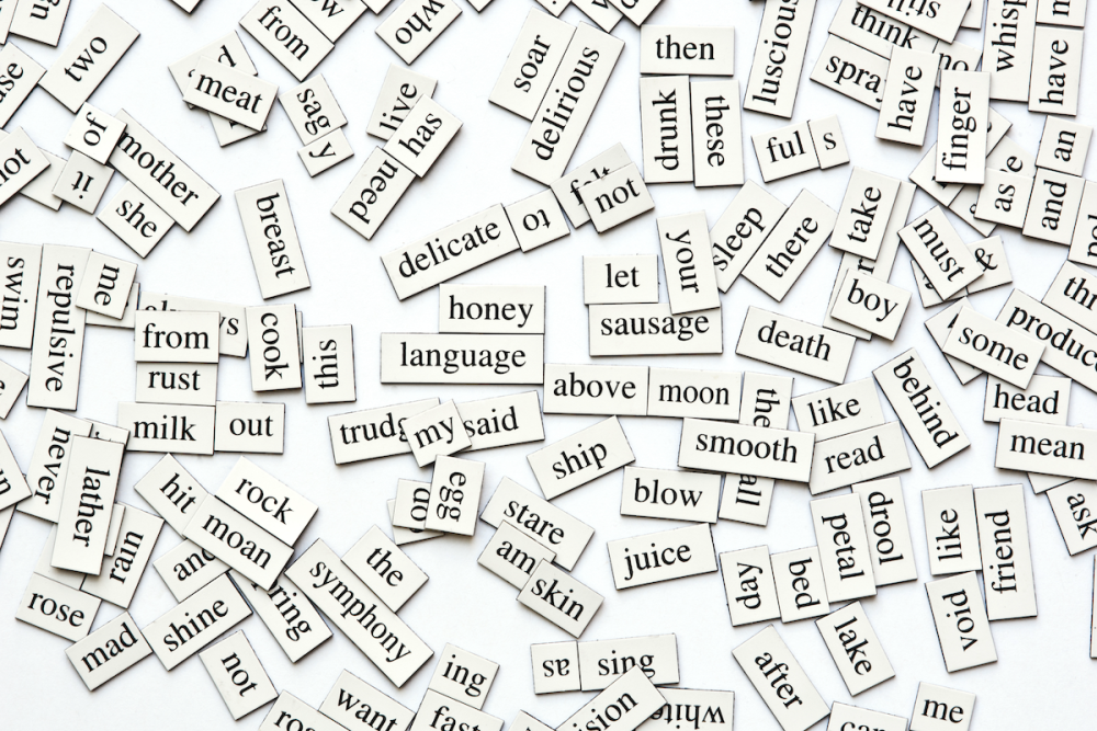 Words from a magnetic poetry set are jumbled on a white background.