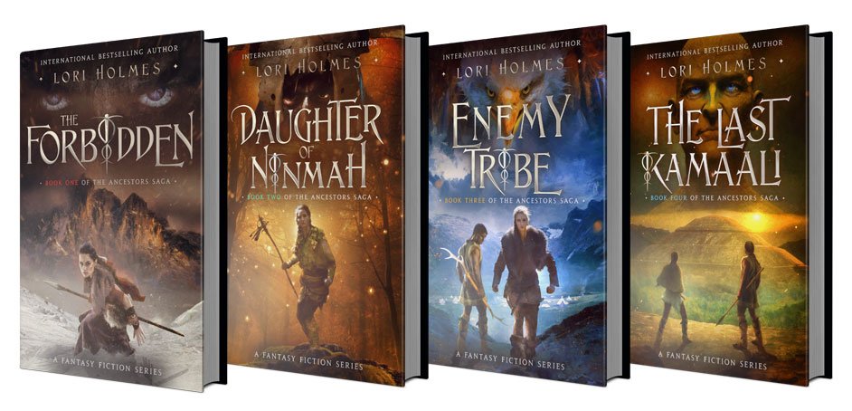 Marketing image showing four mocked-up hardcover editions of Lori Holmes's fantasy fiction series. The book titles are: The Forbidde; Daughter of Ninmah; Enemy Tribe; and The Last Kamaali.