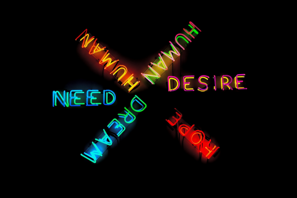 Image: a multi-colored neon sign artwork in which the words "human, desire, hope, dream, need" are arranged like spokes on a wheel.